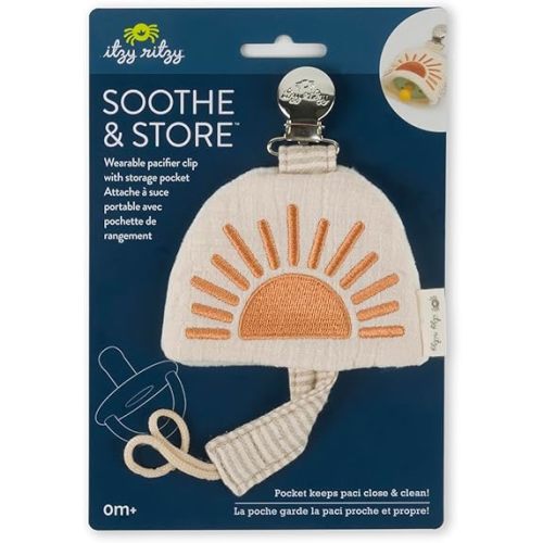 Itzy Ritzy Soothe & Store Pacifier Clip and Storage Pouch; Wearable Pacifier Strap Includes Storage Pocket with Closure; (Pacifier Not Included) Terracotta Sun