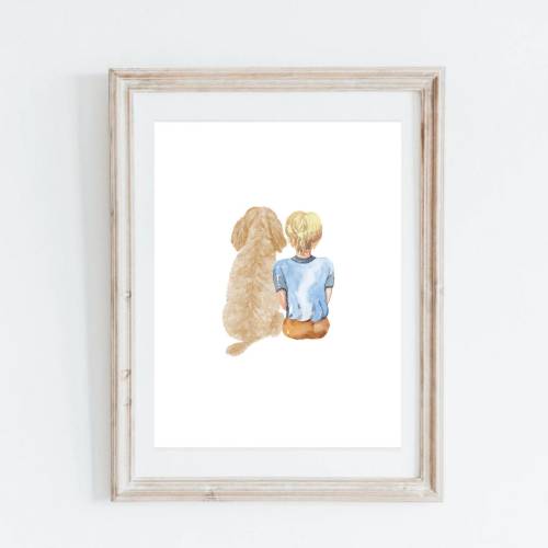 Goldendoodle digital download. Boy nursery decor dog print. Boy bedroom Goldendoodle wall art. Puppy nursery print.  Goldendoodle and boy.