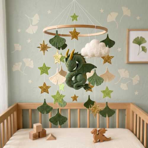 Dragon Baby Mobile, Custom Fantasy Nursery Decor, Felt Ginkgo Leaf Crib Toy Decor, Celestial Star Greenery, Newborn Baby Shower Gift Idea