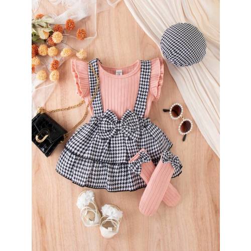 Baby Girl Sweet & Elegant Gingham Suspenders Dress With Solid Color Ruffle Hem Top Set For Summer