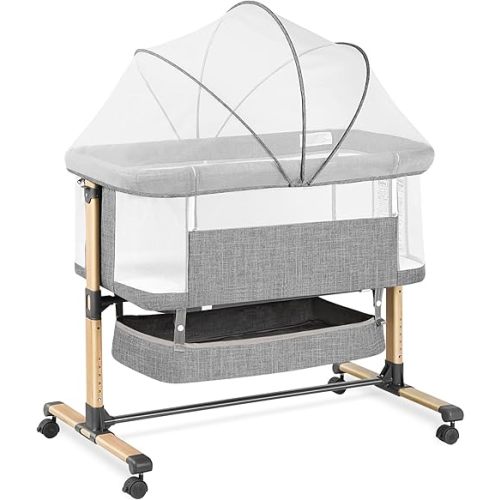 3-in-1 Baby Bassinet Bedside Sleeper, Infant Bedside Bassinet, 6 Adjustable Height, Breathable Mesh, Lockable Wheels, Storage Basket, Easy Folding Portable Crib for Newborn (Dark Grey.)