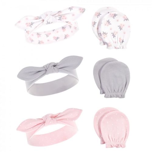Hudson Baby Infant Girl Cotton Headband and Scratch Mitten 6pc Set, Pink Gray Floral, 0-6 Months