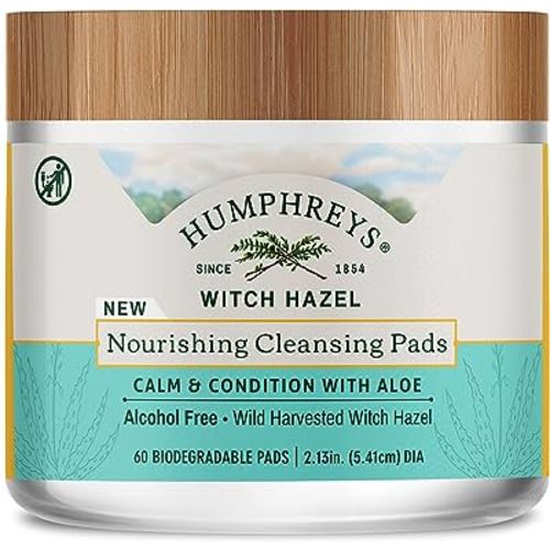 Humphreys Witch Hazel Nourishing Cleansing Pads | Wild Harvested Witch Hazel & Aloe | Hydrating, Natural Alcohol-Free Formula | 60 Rounds