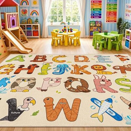 Rezutan Classroom Rug Elementary, 7 X 9 Alphabet Rug, Washable Beige