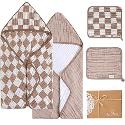 Ultra Soft Muslin Baby Towel Set 4-Piece - Muslin & Bamboo Viscose Blend, Ideal for Bath & Beach, Perfect for Baby Boys & Girls, (Coffee Checkered, 32x32 inches)