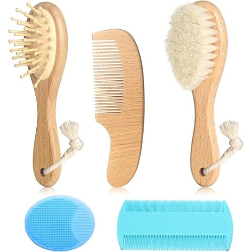 Wooden Natural Goat Bristle Brush and Cradle Cap Comb Set - 5 in 1 Baby Grooming Kit for Newborns, Toddlers, Boys, and Girls (Blue)