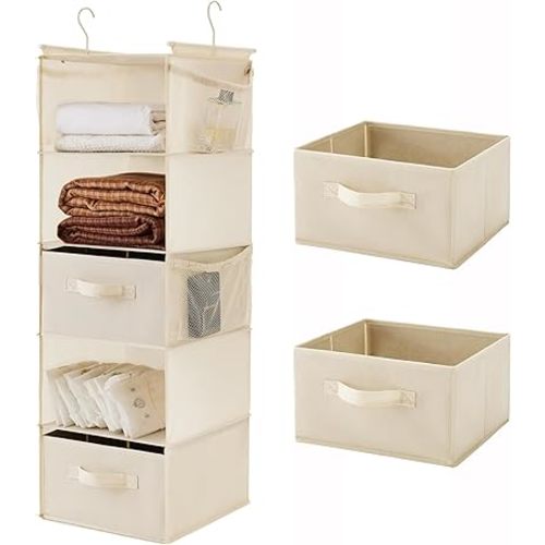 MAX Houser 5 Tier Shelf Hanging Closet Organizer, Cloth Hanging Shelf with 2 Sturdy Hooks for Storage, Foldable (Beige-D2)