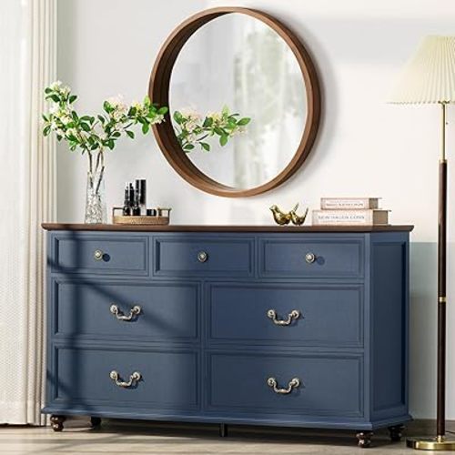 Farmhouse 54" 7 Drawers Dresser for Bedroom, Wide Chest of Drawers w/ 4 Wooden Legs, Vintage Large Closet Storage Dressers Organizer for Hallway, Wood Rustic TV Stand for Living Room, Blue