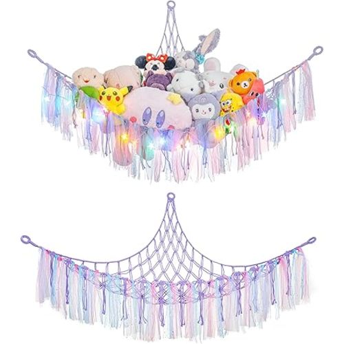 LONCHDAN Stuffed Animal Hammock, Stuffed Animal net or Hammock with Led Hammock for Stuffed Animals Storage Macrame Netting Plushie Hanging Corner for Nursery Bedroom (Purple)