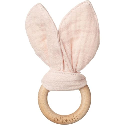Ali+Oli Crinkle Bunny Ears Wooden Teethers for Babies (Pink) - Bunny Ear Teething Ring, Gender Neutral Baby Gift, Newborn Animal Teether Toys