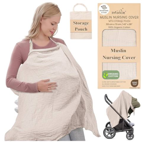 Organic Cotton Nursing Cover - 43 x 28 Inch Breathable Muslin Breastfeeding Cover, Multi-Purpose for Women (Ivory)