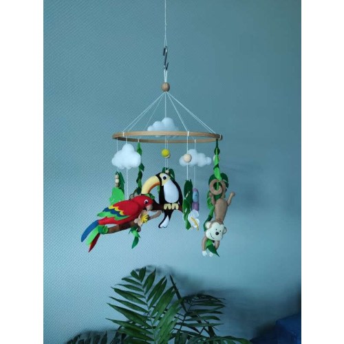 Jungle Animals Baby Mobile – Felt Parrot, Monkey & Flowers