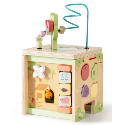 ROBOTIME Baby Activity Gyms, Baby Play Cube Toy with Educational Features, Wooden Activity Cube Toy for Kids' Gift, Yellow, 6.7"*6.7"*12.32"