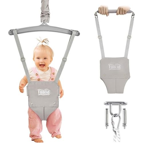 FUNLIO 2 in 1 Baby Jumper with a Ceiling Hook, Baby Walking Harness for 6-24 Months, Infant Jumper for Indoor/Outdoor Play, Infant Jumper Doorway with Adjustable Chain, Easy to Assemble & Store - Grey