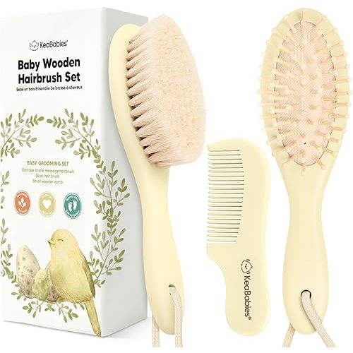 Baby Hair Brush and Comb Set for Newborn - Wooden Baby Hair Brush Set with Soft Goat Bristle, Baby Brush Set for Newborns, Baby Brush and Comb Set Girl, Boy, Toddler Cradle Cap Brush (Oval, Lemon)