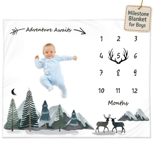 Milestone Blanket for Baby Boy – Monthly Baby Blanket, Growth Tracker for Newborn, Woodland Nursery Decor, Mountain Adventure Theme, Includes Felt Frame, 50x40 Inches