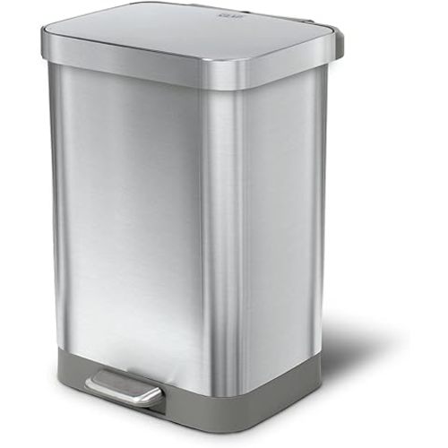 Glad Stainless Steel Step Trash Can with Clorox Odor Protection | Large Metal Kitchen Garbage Bin with Soft Close Lid, Foot Pedal and Waste Bag Roll Holder, 13 Gallon, All Stainless