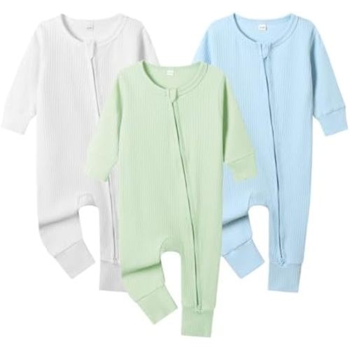 Bafeicao 3 Pack Baby Boy Girl Rompers with Mitten Cuffs, Ribbed Cotton 2 Way Zipper Romper One Piece Jumpsuits Clothes