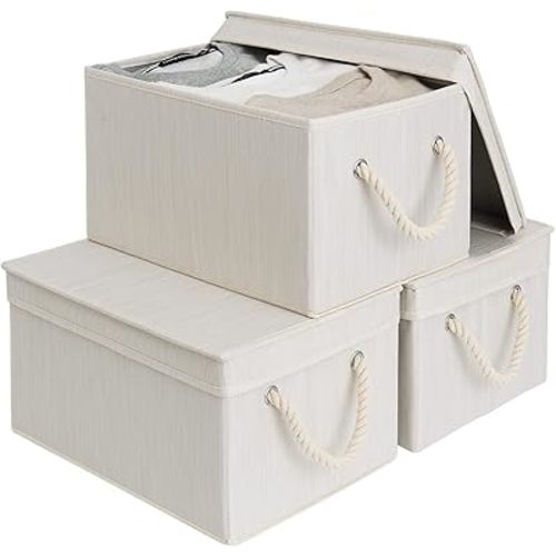 StorageWorks Storage Bins with Lid, Decorative Boxes with Soft Rope Handles, Foldable Basket, Mixing of Beige, White & Ivory, Large, 3-Pack,
