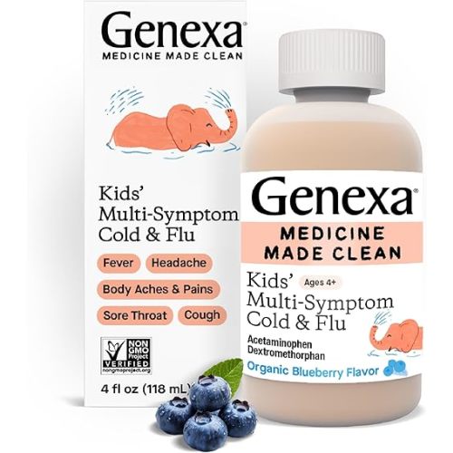 Genexa Kids' Cold & Flu Multi-Symptom Relief, Dye Free, 0% Artificial Additives, Children's Liquid Pain, Fever and Cough Medicine, for Kids 4-11, Delicious Organic Blueberry Flavor, 4 fl oz
