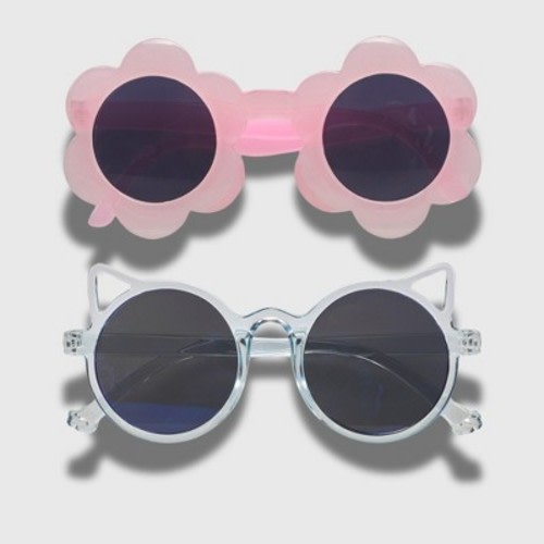 Willow & Ruby 2 Pack Infant's Sunglasses for Girls in Pink Flower & Glossy Blue Cat
