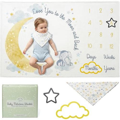 Bliss n' Baby Monthly Milestone Blanket for Baby Boys & Girls - 60"x40" - Wrinkle Free Moon and Stars Elephant Blanket with Growth Chart - Washable & Dryable - w/Frames & Cotton Bib - Space Theme Gift