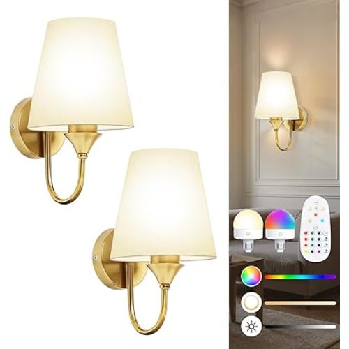 Battery Operated Wall Sconces Set of 2, Wireless Dimmable LED Wall Lights with Rechargeable 15 Colors Bulb & Remote, Timer & Flash/Smooth Light Mode, Bedroom Living Room Hallway Staircase Gold