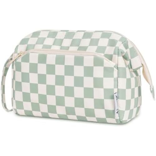 Narwey Checkered Makeup Bag Women Wide-open Make up Bag Travel Cosmetic Bag Organizer Toiletry Bag for Cosmetics Toiletries Accessories (Mint Green Checkerboard)