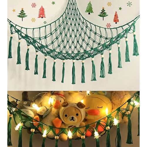 Stuffed Animal Toy Storage Hammock with LED Light - Macrame Jumbo Doll Corner Stuff Animals Organizer Decorations - Cute Plushie Net Kids Baby Nursery Bedroom Room Decor Christmas Green