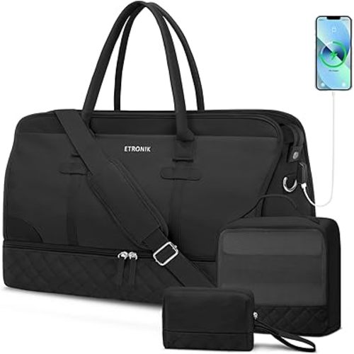 ETRONIK Weekender Overnight Bag for Women, Large Travel Duffle Bag with Shoe Compartment & Wet Pocket, Carry On Tote Bag Gym Duffel Bag with Toiletry Bag, Bag for Hospital 3 Pcs Set, XL Size, Black
