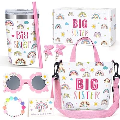 Big Sister Gifts for Girls Cute Promoted to New Big Sister to Be Announcement Gift Set Basket Includes 12OZ Tumbler Canvas Bag Bracelet for Little Girls Gift Ideas for Older Siblings of New Baby