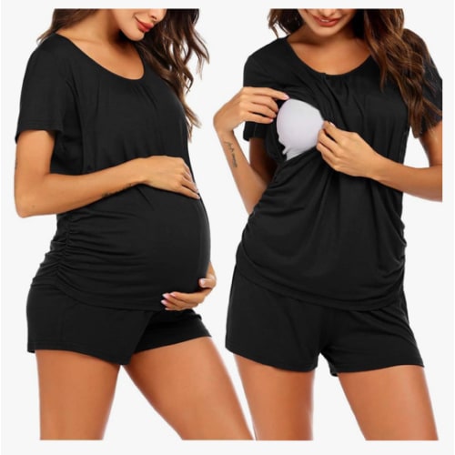 Ekouaer Women's Maternity Nursing Pajamas Set Breastfeeding Sleepwear Double Layer Short Sleeve Top & Shorts Pregnancy PJS