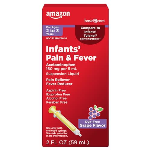 Amazon Basic Care Infants' Pain & Fever, Acetaminophen 160 mg per 5 mL, Suspension Liquid, Dye-Free Grape Flavor, 2 fl oz (Pack of 1)