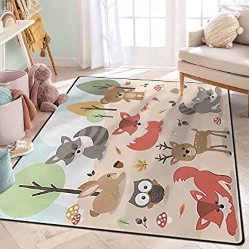 ALALAL Cartoon Forest Animals Area Rug, Cute Woodland Deer Rabbit Bear Fox Owl Bird Rugs for Nursery Children Kids Girls Room Playroom Living Room Home Decorative, 5'x7' (60 x 84 in) Pink