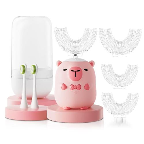 Kids Electric Toothbrush U Shaped - Cartoon Capybara with 6 Brush Heads Full Mouth Degree Cleaning Sonic Toddler Automatic Toothbrush with IPX7 Waterproof (Pink 2-14 Years)