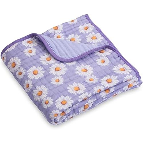 LollyBanks Muslin Baby Blanket 100% Cotton, Muslin Quilt Lightweight, Muslin Blanket for Girls, 6 Layers Baby Blanket 47"x 47", Soft Nursery Receiving Blankets Baby Essentials (Daisy Print)