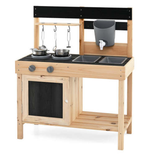 Mud Kitchen Playset Kids Play Kitchen Outdoor With 2 Removable Sinks-Natural