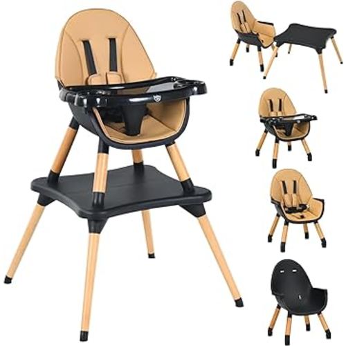 BABY JOY 5 in 1 High Chair, Convertible High Chairs for Babies and Toddlers/Booster Seat/Table and Chair Set, Infant Wooden Highchair w/ 5-Point Harness, 4-Position Removable Tray & PU Cushion, Coffee
