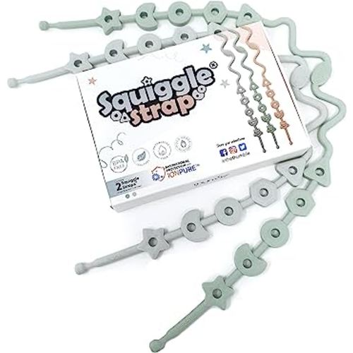 Squiggle Strap® 2pcs Toy Straps, Food Grade Silicone Adjustable Toy Holder Strap, Baby Toy Leash, Teether Strap, Sippy Cup Handle Strap, Toy Clips for Strollers, high Chairs (Ether Blue + Cool Grey)