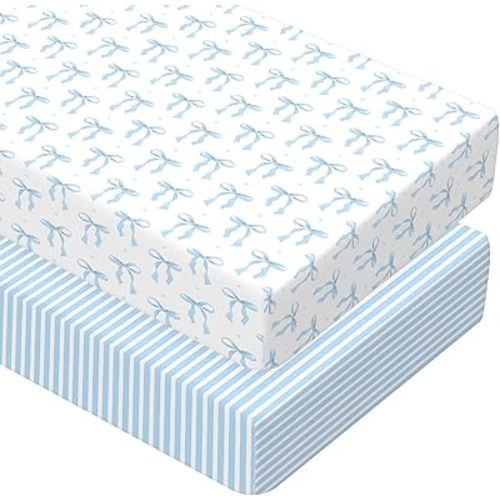 Peryiter 2 Pack Bow Crib Sheets for Girls Coquette Bed Sheet Set Fitted 52'' x 28" for Standard Crib Mattress Stretchable Soft Toddler Aesthetic Nursery Decor (Blue)