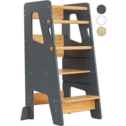 Toddler Standing Tower - Adjustable Height Toddler Kitchen Stool Helper - Gray with bars