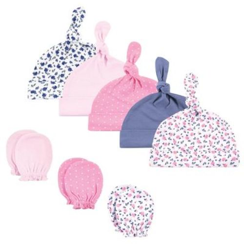 Hudson Baby Infant Boy Cotton Cap And Scratch Mitten Set, Blue Pink Floral, 0-6 Months