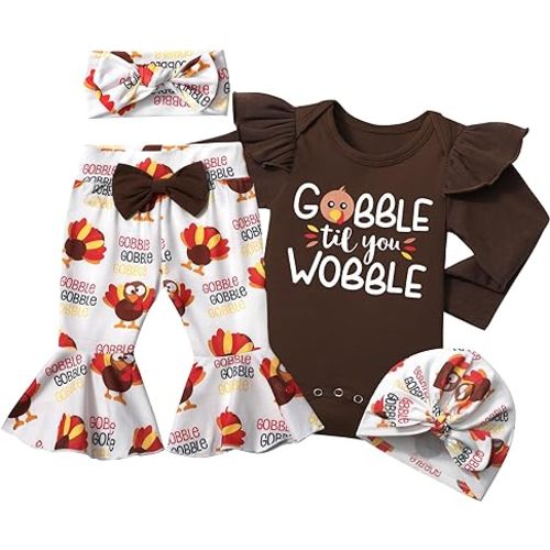 Baby Girl Clothes,4pcs Infant Newborn Girl Outfits Ruffle Romper Baby Bell Bottoms Headband Bandana Clothes Sets Gifts