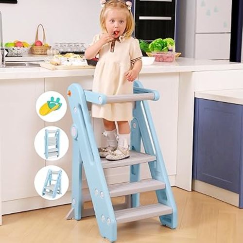 Amazon.com: Onasti Toddler Tower Kitchen Stool Helper - Foldable & Adjustable Height Kids Learning Stool for Kitchen Counter Bathroom Sink Child Ladder for Toddlers with Handles, Safty Rail, Non-Slip-Blue Grey : Baby