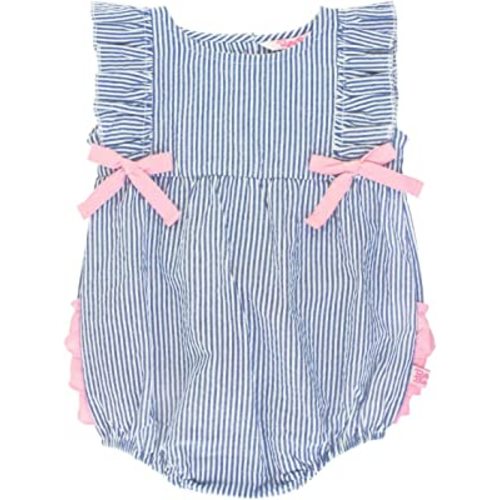 RuffleButts® Baby/Toddler Girls Blue Seersucker Ruffle Romper - 6-12m
