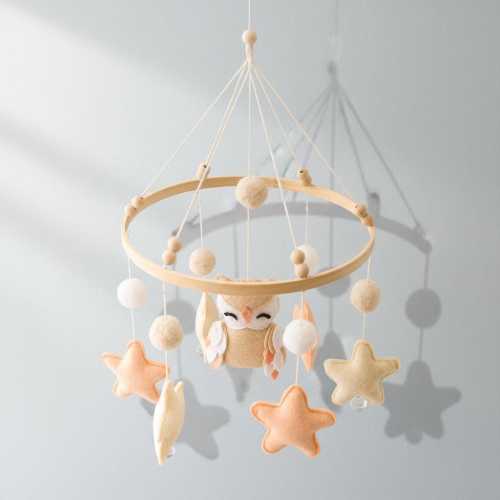 Felt Bird Baby Mobile with Wooden Hoop, Star and Yarn Ball Nursery Decor, Handmade Woodland Crib Mobile, Baby Shower Gift
