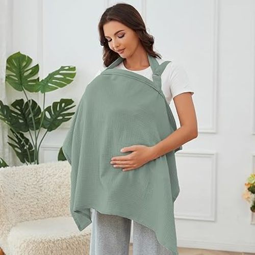 Nursing Cover for Baby Breastfeeding with Rigid Hoop, Breathable Soft 100% Muslin Cotton, Baby Breast Feeding & Pumping Apron, Multi Use Baby Car Seat Stroller Cover (Light Cyan)