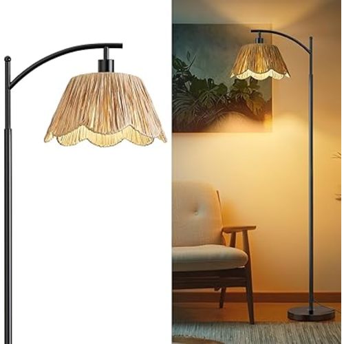 Oneach Boho Rattan Floor Lamp for Living Room, Farmhouse Standing Lamp with Hand-Woven Wicker Shade, Black Metal Base & Pole, Foot Switch - Corner Reading Lamp for Bedroom