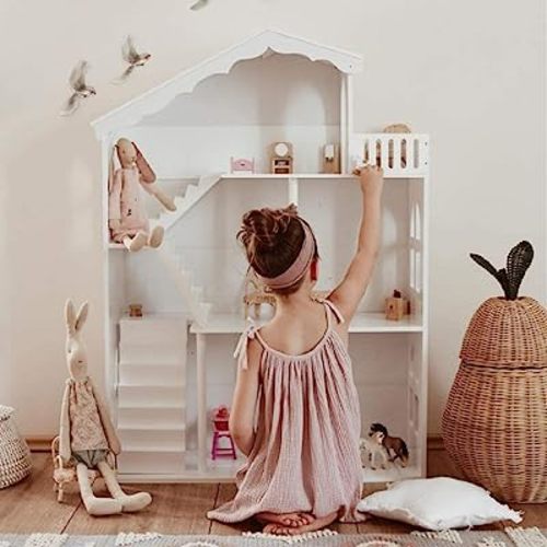 Dollhouse Bookshelf, Wooden Kids Bookshelve Children Doll House Toy Storage 3-Tier Bookcase for Books Gift for Girls Ages 3-7+