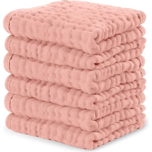 Comfy Cubs Muslin Baby Washcloths 6 Pack - Soft 6-Layer Cotton Wash Cloths for Sensitive Skin - 10"x10" Large, Gentle, Absorbent Infant Essentials for Newborn and Toddlers - Bold Blush